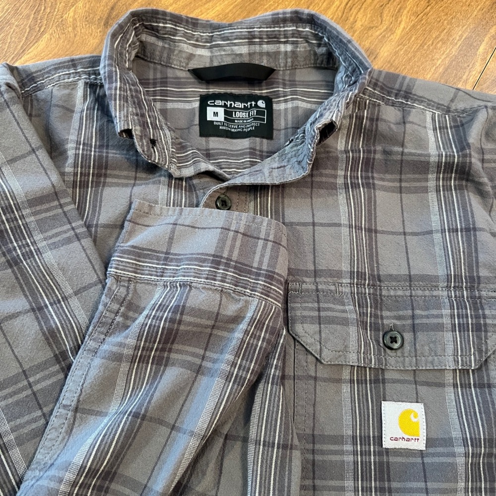 Carhartt Mens Loose Fit Plaid Button‎ Down Shirt Grey Long Sleeve 105946-075 M